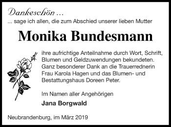 Traueranzeige von Monika Bundesmann von Neubrandenburger Zeitung