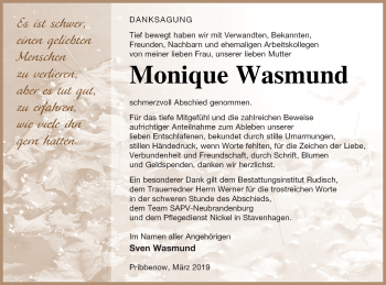 Traueranzeige von Monique Wasmund von Mecklenburger Schweiz