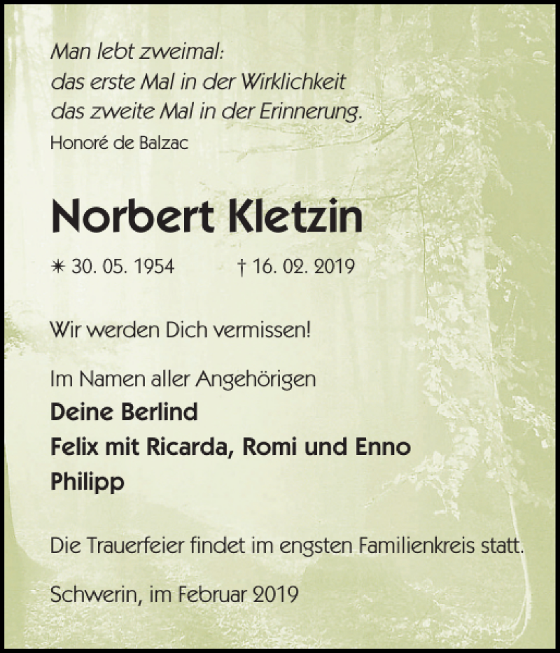  Traueranzeige für Norbert Kletzin vom 02.03.2019 aus Zeitung für die Landeshauptstadt