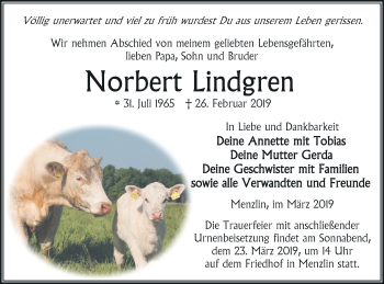 Traueranzeige von Norbert Lindgren von Vorpommern Kurier