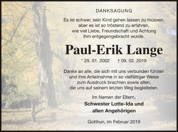 Traueranzeige von Paul-Erik Lange von Müritz-Zeitung