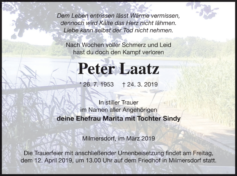  Traueranzeige für Peter Laatz vom 29.03.2019 aus Templiner Zeitung