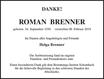 Traueranzeige von ROMAN BRENNER von Norddeutsche Neueste Nachrichten