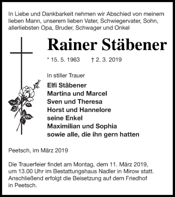 Traueranzeige von Rainer Stäbener von Strelitzer Zeitung