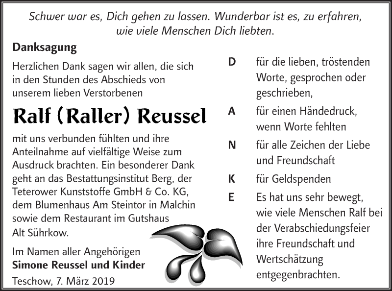  Traueranzeige für Ralf Reussel vom 15.03.2019 aus Mecklenburger Schweiz