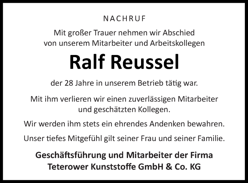  Traueranzeige für Ralf Reussel vom 02.03.2019 aus Mecklenburger Schweiz