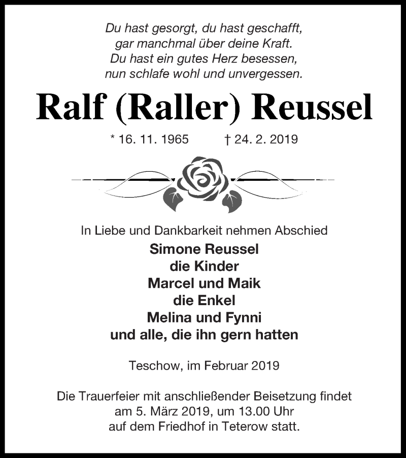  Traueranzeige für Ralf Reussel vom 01.03.2019 aus Mecklenburger Schweiz
