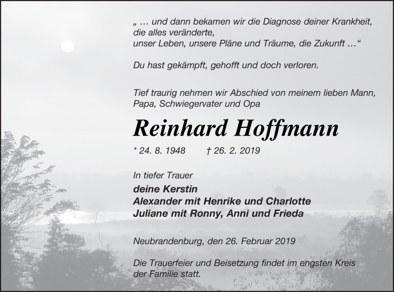  Traueranzeige für Reinhard Hoffmann vom 01.03.2019 aus Neubrandenburger Zeitung