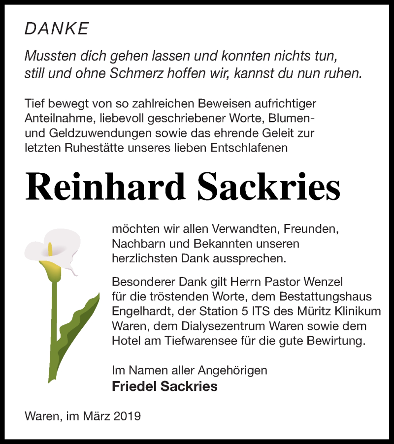  Traueranzeige für Reinhard Sackries vom 12.03.2019 aus Müritz-Zeitung