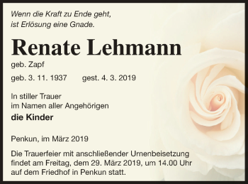 Traueranzeige von Renate Lehmann von Pasewalker Zeitung