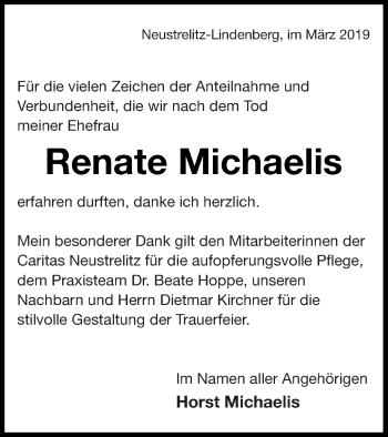 Traueranzeige von Renate Michaelis von Strelitzer Zeitung