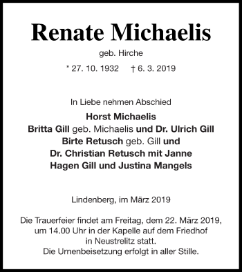 Traueranzeige von Renate Michaelis von Strelitzer Zeitung