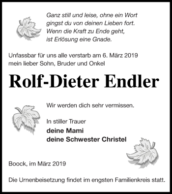 Traueranzeige von Rolf-Dieter Endler von Pasewalker Zeitung