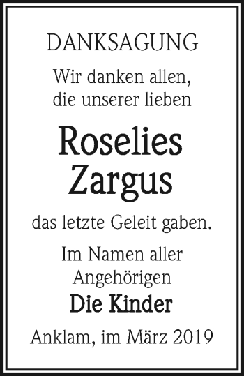Traueranzeige von Roselies Zargus von Vorpommern Kurier