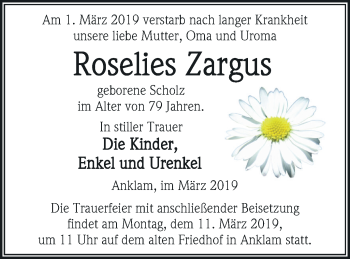 Traueranzeige von Roselies Zargus von Vorpommern Kurier