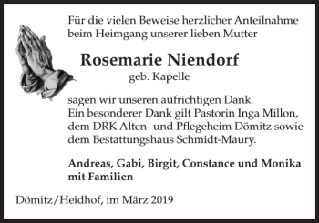 Traueranzeige von Rosemarie Niendorf von Ludwigsluster Tageblatt