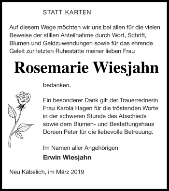 Traueranzeige von Rosemarie Wiesjahn von Neubrandenburger Zeitung