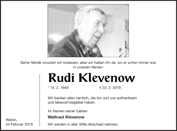 Traueranzeige von Rudi Klevenow von Müritz-Zeitung