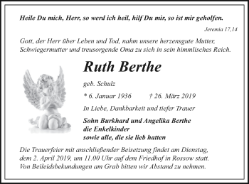 Traueranzeige von Ruth Berthe von Pasewalker Zeitung