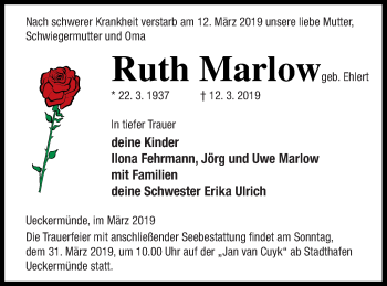 Traueranzeige von Ruth Marlow von Haff-Zeitung