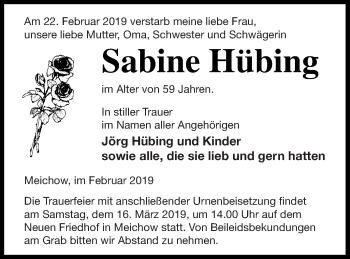 Traueranzeige von Sabine Hübing von Prenzlauer Zeitung