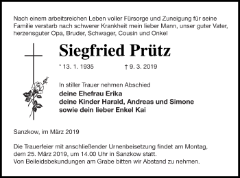 Traueranzeige von Siegfried Prütz von Demminer Zeitung