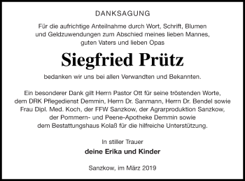 Traueranzeige von Siegfried Prütz von Demminer Zeitung