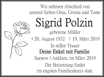 Traueranzeige von Sigrid Polzin von Vorpommern Kurier