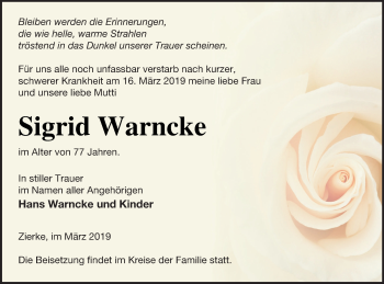 Traueranzeige von Sigrid Warncke von Strelitzer Zeitung