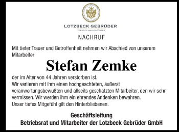 Traueranzeige von Stefan Zemke von Mecklenburger Schweiz