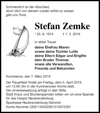 Traueranzeige von Stefan Zemke von Mecklenburger Schweiz