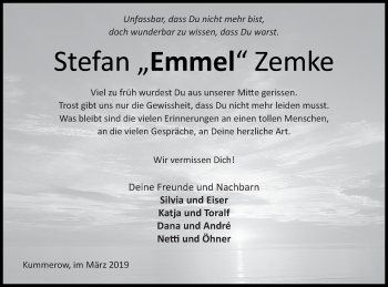 Traueranzeige von Stefan Emmel Zemke von Mecklenburger Schweiz