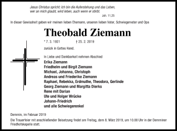 Traueranzeige von Theobald Ziemann von Vorpommern Kurier