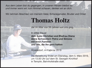 Traueranzeige von Thomas Holtz von Templiner Zeitung