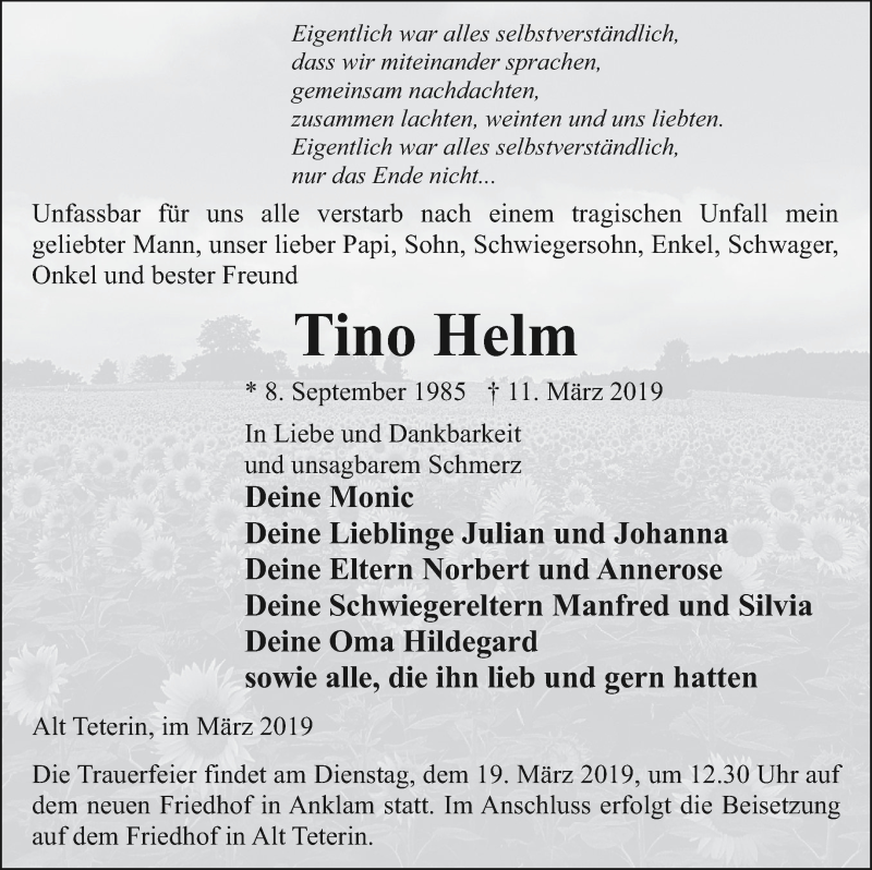 Traueranzeige für Tino Helm vom 14.03.2019 aus Vorpommern Kurier