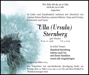 Traueranzeige von Ulla Ursula Sternberg von Güstrower Tageblatt