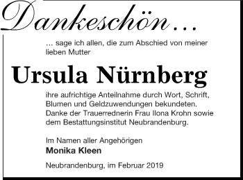 Traueranzeige von Ursula Nürnberg von Neubrandenburger Zeitung