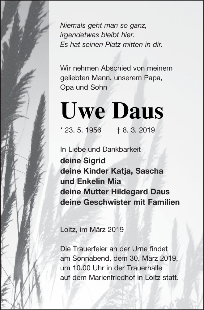  Traueranzeige für Uwe Daus vom 12.03.2019 aus Vorpommern Kurier