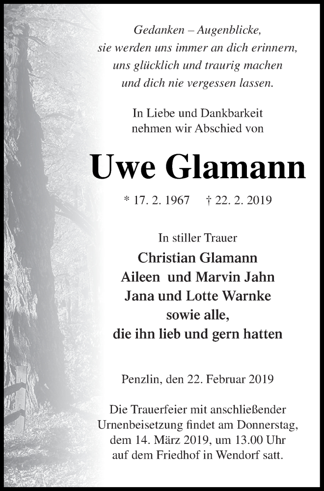  Traueranzeige für Uwe Glamann vom 08.03.2019 aus Müritz-Zeitung