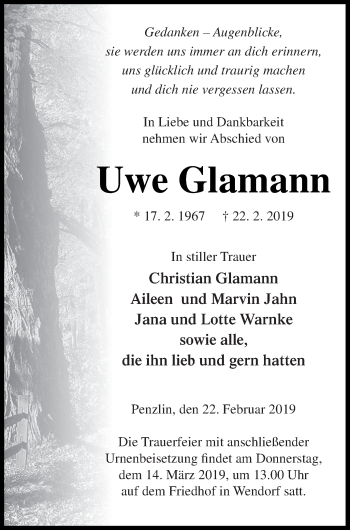 Traueranzeige von Uwe Glamann von Müritz-Zeitung