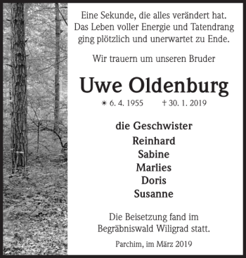 Traueranzeige von Uwe Oldenburg von Parchimer Zeitung