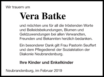 Traueranzeige von Vera Batke von Neubrandenburger Zeitung