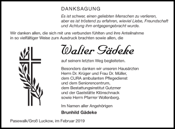 Traueranzeige von Walter Gädeke von Pasewalker Zeitung