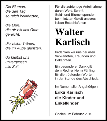 Traueranzeige von Walter Karlisch von Mecklenburger Schweiz