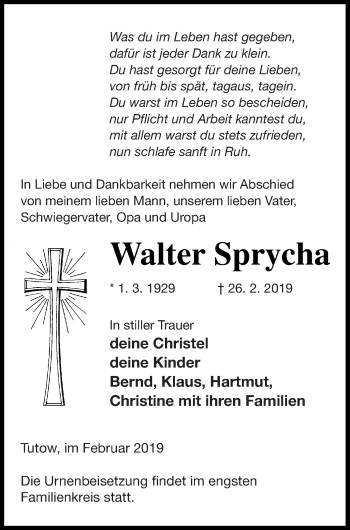 Traueranzeige von Walter Sprycha von Vorpommern Kurier