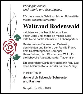 Traueranzeige von Waltraud Rodenwald von Templiner Zeitung