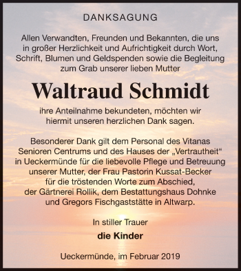 Traueranzeige von Waltraud Schmidt von Haff-Zeitung