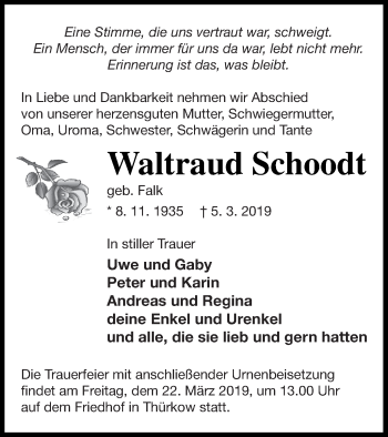 Traueranzeige von Waltraud Schoodt von Mecklenburger Schweiz