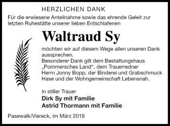 Traueranzeige von Waltraud Sy von Pasewalker Zeitung