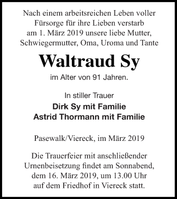 Traueranzeige von Waltraud Sy von Pasewalker Zeitung